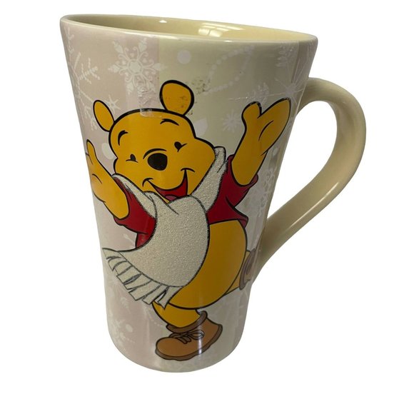 Vintage Disney Winnie The Pooh Cup Mug Snowflake 14oz Tall Latte 5.25" Porcelain - Picture 1 of 7
